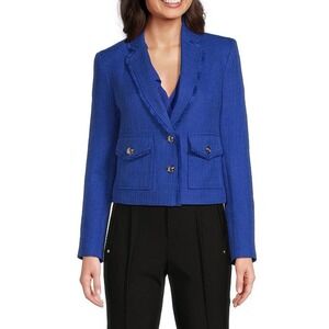 Karl Lagerfeld Paris Tweed Notch Lapel Long Sleeve Flap Pocket Cropped Jacket 14